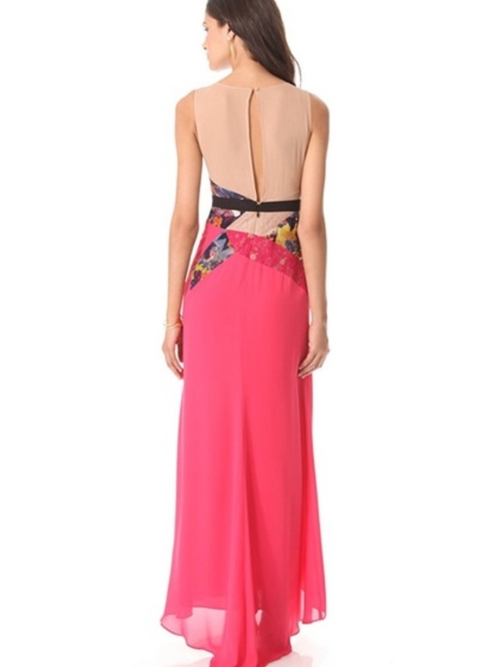 BCBG MAX AZRIA Lonnie Hot Pink Maxi Dress Lace Cutout Panel Open Back Evening - Picture 2 of 10